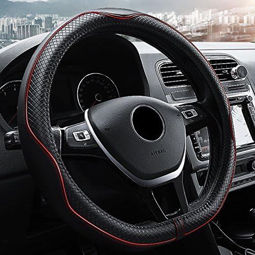 D-Type Universal Fit Leather Car Steering Wheel Cover 37-39CM/15" Anti Slip Breathable Protector Car Accessory Year Round Use for Truck SUV - Black & Red Line