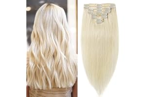 ELAILITE Real Hair Extension Human Hair Clip in Blonde Full Heal 100% Remy Hair Standard Weft 8 Pieces Long Straight (24"-120g, #60 Platinum Blonde)