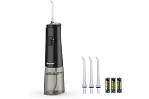Sawgmore Hydropulseur sans fil pour les dents, nettoyeur de dents portable avec mode de contrôle à une touche, 4 embouts de jet, irrigateur dentaire étanche IPX6 alimenté par piles pour voyage et
