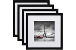 EGOFINE 12x12 Photo Frames Black Set of 4, Wood Picture Frames with Acrylic Glass for Photos 8x8 with Mat or 12x12 without Mat, Wall Mounting Display