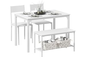 DlandHome 4-teiliges Set Esstisch mit 2 Stühlen & 1 Bank Küchenmöbelset aus Holz und Stahlgestell Weiß