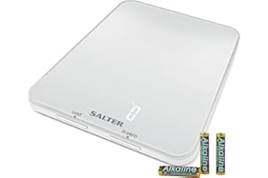 Salter 1180 WHDR Ghost Electronic Kitchen Scale- 5 KG Capacity Food Weighing Baking Scales, Hidden Until Lit Easy Read Digital Display, Large Slim Glass Platform, Add & Weigh, Measures Liquids, White
