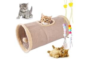 mymai Faltbarer katzentunnel mit weichem Wildlederbezug, interaktiver Rascheltunnel für Katzen mit 2 Hängenden Spielzeugen, ideal für Kaninchen kleine Haustiere (Khaki, A)
