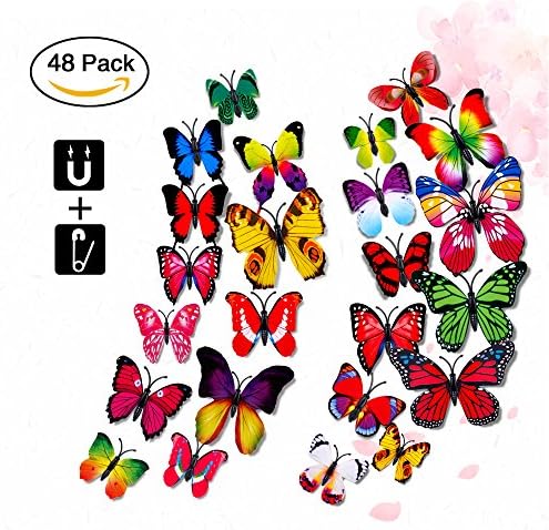 3D Lifelike Butterfly Wall Stickers, Ruipye 48PCS 3D Artificial waterproof Butterfly Decor Refrigerator Magnet Curtain Pin Wall Stickers Decals for Nursery Bathroom Office Kids Bedroom-Multi-color