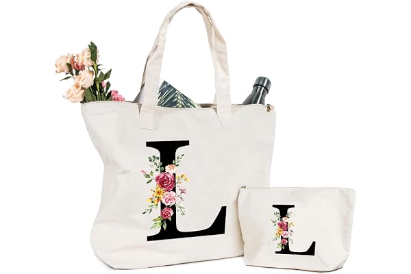 Sac Fourre-Tout en Toile avec Initiale Fleur, Sac Tote bag en Toile Trousse de Maquillage Personnalisés Idéal pour Mariage Anniversaire Plage Vacances, Cadeau Parfait pour Femmes Amis Maman Sœurs (L)