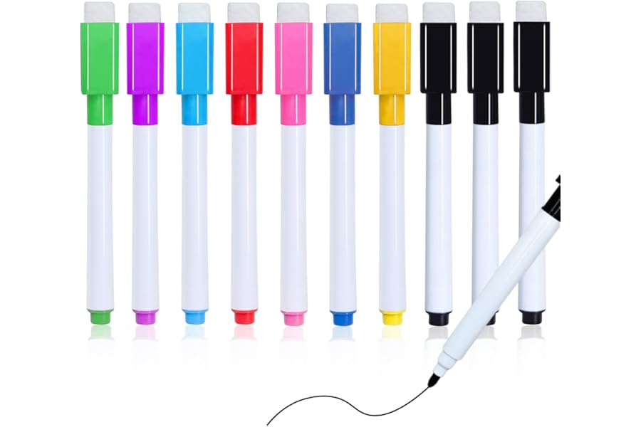 Autoau 10 pcs Whiteboard Markers, 8 Colour Magnetic Whiteboard Pens, Fine Tip White Board Pens, White Board Markers Erasable, Low Odor Dry Wipe Pens for Whiteboard Home School Office Uses