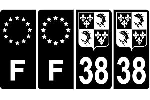 HADEXIA Lot de 4 Autocollant Sticker Plaque d'immatriculation Voiture 38 Blason du Dauphiné Noir & F Europe