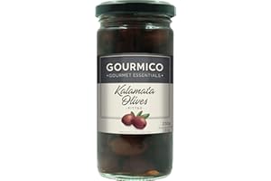 GOURMICO Kalamata Pitted Olives, An Ideal Condiment for Mediterranean Salads, Pizza & Pasta or Paired with Deviled Eggs. Suitable for Vegetarians, 230g Glass Jar