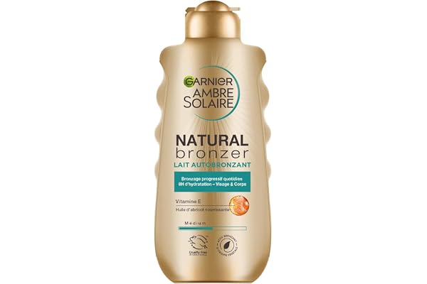 GARNIER Ambre Solaire - Natural Bronzer - Lait Autobronzant Hydratant & Apaisant - Hâle Doré & Lumineux Pendant 1 Semaine - À l'Huile D'Abricot - Vegan & Cruelty Free - Corps - 200 ml