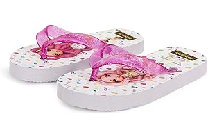 PERLETTI Rainbow High Flip Flops for Girls White Pink with Glitter - Kids Thong Sandals with Bella and Stella Beach Pool Garden - Childrens Colourful Comfy Slim Flip Flops Non Slip Outdoor