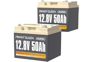 Power Queen 12V 50Ah LiFePO4 Batteria a ciclo profondo (Confezione da 2), potenza di carico 640 Wh, BMS 50A, Batteria da 4000-15000 cicli e durata di 10 anni, per camper, impianto solare, E-Scootern