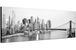 BEST FOR HOME Wandbild schwarz weiß auf Leinwand als Panorama in 120x40 cm New York und Brooklyn Bridge Hängebrücke über den East River Manhattan Skyline in New York City! bestforhome Das Beste für Ihre Wand!