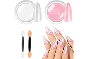 BUTBU Chrome Nail Powder, 2 Colors White Pearl Nail Chrome Powders, Metallic Mirror Effect Pigment Nails Powder, Aurora Pearlescent Powders Glitter for DIY Nail-Art Design Decoration (Pink, White)