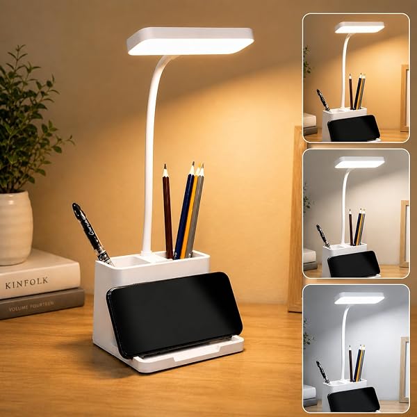 FLYNGO 3 Color Mode LED Study Table Desk Lamp for Students with Pen & Phone Holder, Rechargeable Touch On/Off Lamp for S