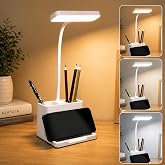 FLYNGO Plastic 3 Color Mode Led Study Table Desk Lamp For Students With Pen & Phone Holder, Rechargeable Touch On/Off Studyin