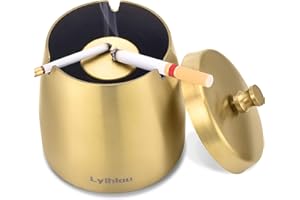 ANICOLL Aschenbecher Edelstahl mit Deckel, Winddichter Tischaschenbecher für Zigaretten, Moderne Windaschenbecher tragbar mit rutschfestem Basis für Draußen und Innen (Golden)