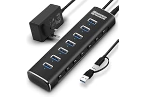 Hub USB 3.2 Alimentado RSHTECH 7 Puertos USB 3.1/3.2 Gen 2 Hub 10Gbps, 100cm 2-en-1 Cable Datos (Tipo-A&C), 24W(12V/2A) Fuente Alimentación, Aluminio Hub USB C para Portátiles y PC, RSH-A107