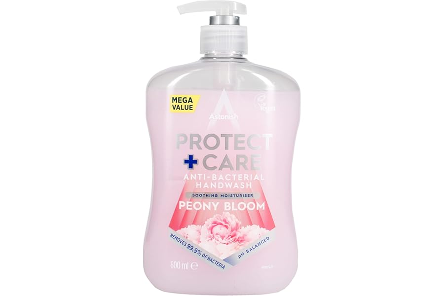 Astonish Protect and Care Kind to Skin Moisturising Anti-Bacterial Hand Wash Soap, Peony Bloom, 600ml