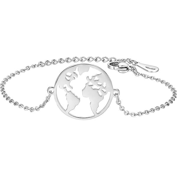 Cupimatch Bracciale Donna Mappa Mondo In Acciaio Inossidabile | Regolabile Con Catena | Regalo Per Anniversario E San Valentino