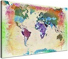 LanaKK - Weltkarte Bunt mit Korkr&uuml;ckwand - edel Leinwand Bild Kunstdruck auf Keilrahmen, Pinnwand f&uuml;r Weltenbummler 60 x 40 cm, einteilig