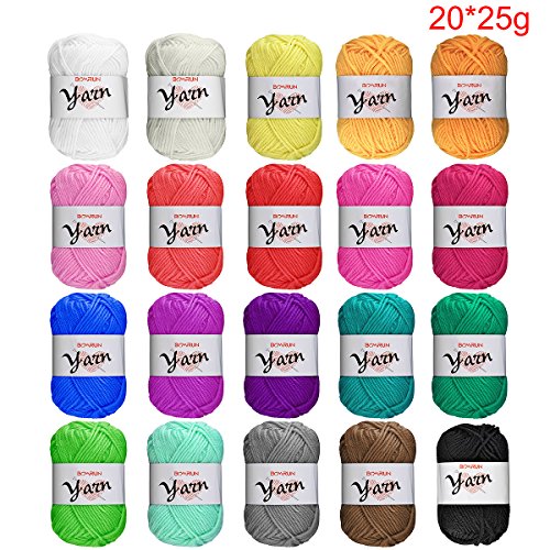 BCMRUN 20 x 25g Skeins Bonbons Yarn Assorted Colors 100% Acrylic for Crochet & Knitting Multi Pack Variety Colored Assortment (20PCS)