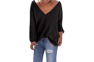 SUSENSTONE Chandail Tricoté Grand Taille Col V Pull Femme Hiver Pas Cher A La Mode Ample Tops Chemisier Pin Up Manche Longues Sexy Femmes Sweater