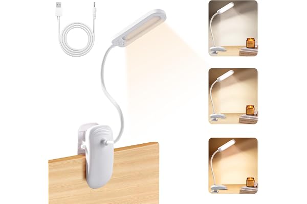 Diboniur Lampe de Bureau à Pince avec Adaptateur USB, Lampe de Lecture LED Rechargeable, 360° Flexible, 3 Couleur et Intensité Réglables pour Étude et Travail