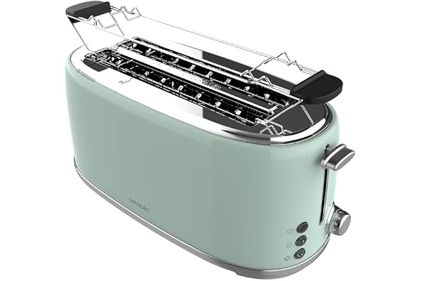 Cecotec Toast&Taste 1600 Retro Double Green 4-Slice Toaster. 1630 W, 2 Wide and Long Slots of 3.8 cm, Stainless Steel, Upper Heating Rods, Adjustable Power, Crumb Tray