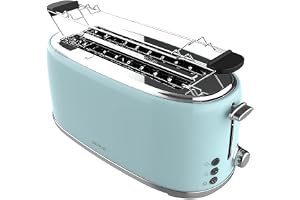 Cecotec Brödrost 4 skivor rostat bröd och knapp 1 600 retro dubbel blå, 1 630 W, 2 breda och långa slitsar på 3,8 cm, rostfri
