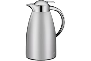 alfi SIGNO - Jarra térmica de acero inoxidable (1,0 L, con cristal templado higiénico, cierre de rosca con cómodo pulsador, mango ergonómico, con una sola mano, ideal como cafetera, tetera, 1,0 l),