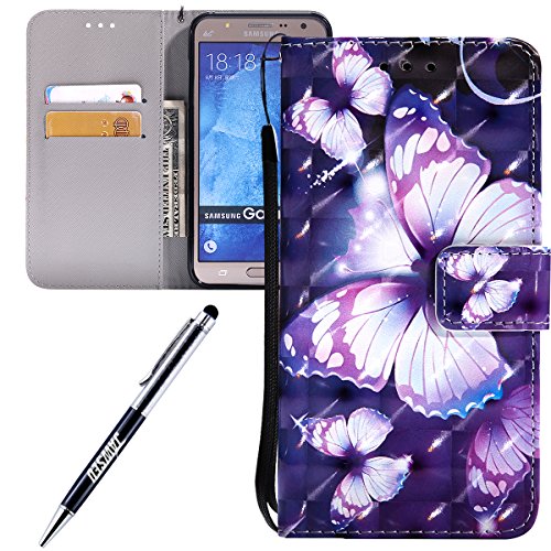For Samsung Galaxy J7 case,Feeltech JAWSEU Samsung Galaxy J7 PU leather Wallet Flip Cover Multi Function Card Slots Protective Cases with Cute Animal & Colourful Pattern Design [Stand Function][Magnetic Closure] Flip Folder Card Holders Money Pouch Smart Phone Cover with Hand Strap for Samsung Galaxy J7 - Violet butterfly