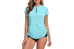 HAVIDETO Women Rash Vest Short Sleeve Rash Guard 1/4 Zip Front UV Swim Top Quick Dry Swimming Shirts Adjustable Hem UPF 50+