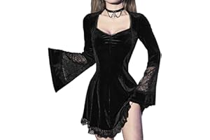 XKBHYD Womens Gothic Fairy Dress Flare Sleeve Velvet Dresses Punk Grunge Harajuku Dress Vintage Lace Patchwork Witchy Dress