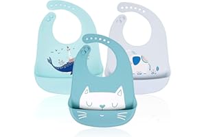 RIGHTWELL Baby Bib Silicone Waterproof - 3 Pack Waterproof Silicone Baby Bibs with 6 Adjustable Buttons, Unisex for Weaning, BPA-Free, Easy Cleaning, Dishwasher Safe