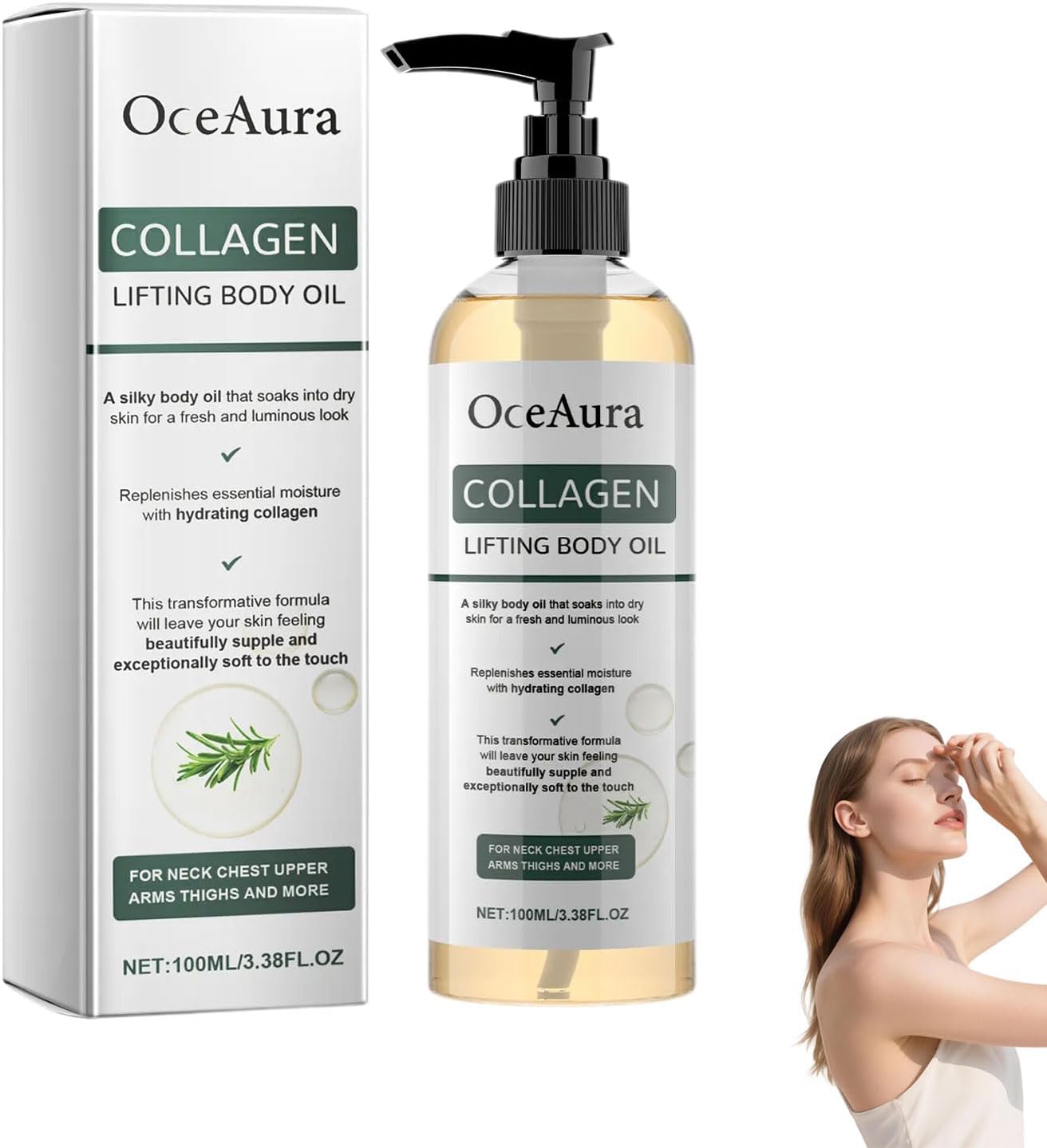 OceAura colageno aceite corporal, OceAura aceite corporal reafirmante - 100ml, Corporal Nutritivo, Arrugas Y Estrías En Cuello, Pecho, Brazos (1 botella)