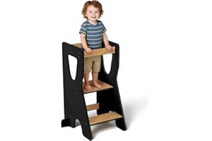 COSYLAND Torre de Aprendizaje Montessori de Madera – Altura Ajustable en 3 Niveles – para Niños Desde 18 Meses – con Barandillas de Seguridad – Estable y Fácil de Montar – Natural y Negro Clásico