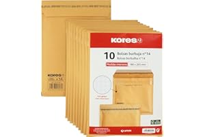 OFITURIA Kores 10181400. Paquete de 10 Bolsas con Burbujas Kraft, Nº14, 180x265mm, Cierre Autoadhesivo