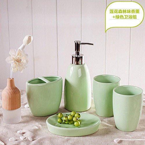 Modern Design 5Piece Ceramic Bathroom Accessory Set , Soap Dish, Tooth Brush Holder, Soap Dispenser,F Grass Green + aromatherapy