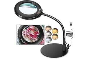 Veemagni 10X Magnifying Glass with Light and Stand, 5 Color Modes Stepless Dimmable LED Lighted Desk Lamp, Hands Free Flexible Gooseneck Magnifier with Light for Craft Hobby Painting Sewing Close Work