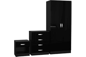 Nera High Gloss Bedroom Furniture Set 3 Piece Set with Wardrobe Chest of Drawer Bedside Table Bedroom Storage (Gloss Black(Matt Black))