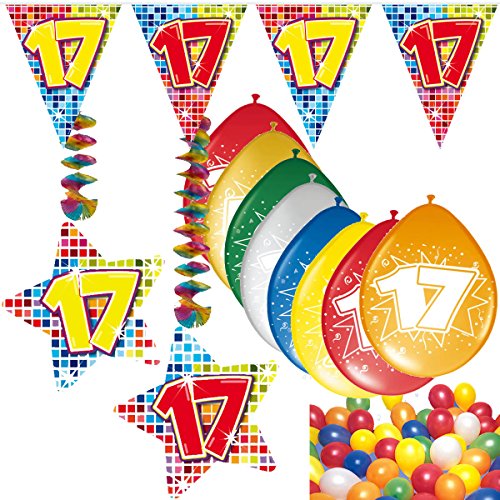 54-teiliges Partydeko Set * ZAHL 17 * für Geburtstag oder 17. Geburtstag mit Girlande, Rotorspiralen, Luftschlangen und vielen Luftballons von CARPETA®