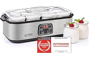 TZS First Austria - Yogurtiera elettrica 25W con 8 vassoietti di vetro da 180 ml per fino a 1,4L di yogurt fatto in casa - Con temperatura 20-55°C, spegnimento automatico e display LCD - Bianco