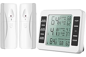 Brifit Kühlschrank Thermometer, Gefrierschrank Thermometer mit 2 Sensoren, Digital Luftfeuchtigkeit für Gefrierschrank mit Temperatur Alarm, MIN/MAX, Temperaturtrendanzeige Pfeil