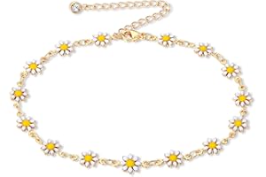 FUNEIA Bracelet de Cheville pour Femmes Plaqué Or 14 Carats Bracelet de Cheville Marguerite Dainty Lune Étoile Œil Maléfique Bijoux de Pied Ajustable pour Plage Bohème Cadeau pour Enfant Ado Fille