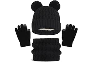 BAYNETIN Inverno Set di Cappello, Sciarpa e Guanti per Bambini, Pile Addensato Cappello a Maglia con Graziosi Pompon Termica Sciarpa Guanti Touch Screen Set per Ragazzi Ragazze 2-8 Anni
