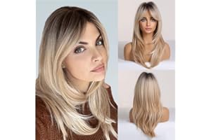 MS TAJ Blonde Perücken für Damen, synthetische lange, leicht gelockte, geschichtete Perücke mit Fransen. Natürliches Ombre-Blond mit dunklen Wurzeln für tägliches Tragen und auf einer Party