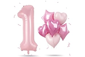 GOVPY 40 Inch Pastel Pink 1 Balloon, Large Baby Pink One Balloon Number with Heart Star Foil Balloon Princess Party Decor, Number 1 Helium Balloons Set for Girls 1st Birthday Party Baby Shower Decorations