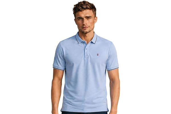 Louis Philippe Men's Slim Fit Single-Tuck Pique Stylized Sleeve Print and Contrast Tipping Half Sleeve Solid Cotton Polo Tshi