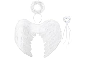 YOUYIKE Federflügel Engel, Engel Kostüm mit Flügel und Heiligenschein, 45cm Engelsflügel Weiß, für Weihnachten, Valentinstag, Karneval, Fasching, Halloween