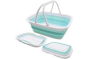 SAMMART 9.2L Collapsible Tub with Handle - Portable Outdoor Picnic Basket/Crater - Foldable Shopping Bag - Space Saving Storage Container (White/Lake Green, 1)